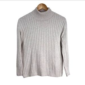 VTG Eddie Bauer Turtleneck Sweater L Beige Oatmeal Ribbed Cotton 3/4 Sleeve Tan